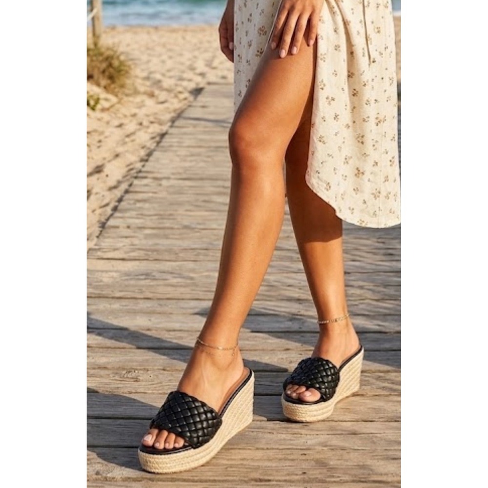 Ermann Womens Black Woven Espadrille Wedge Sandals Platform Slides Size 9.5